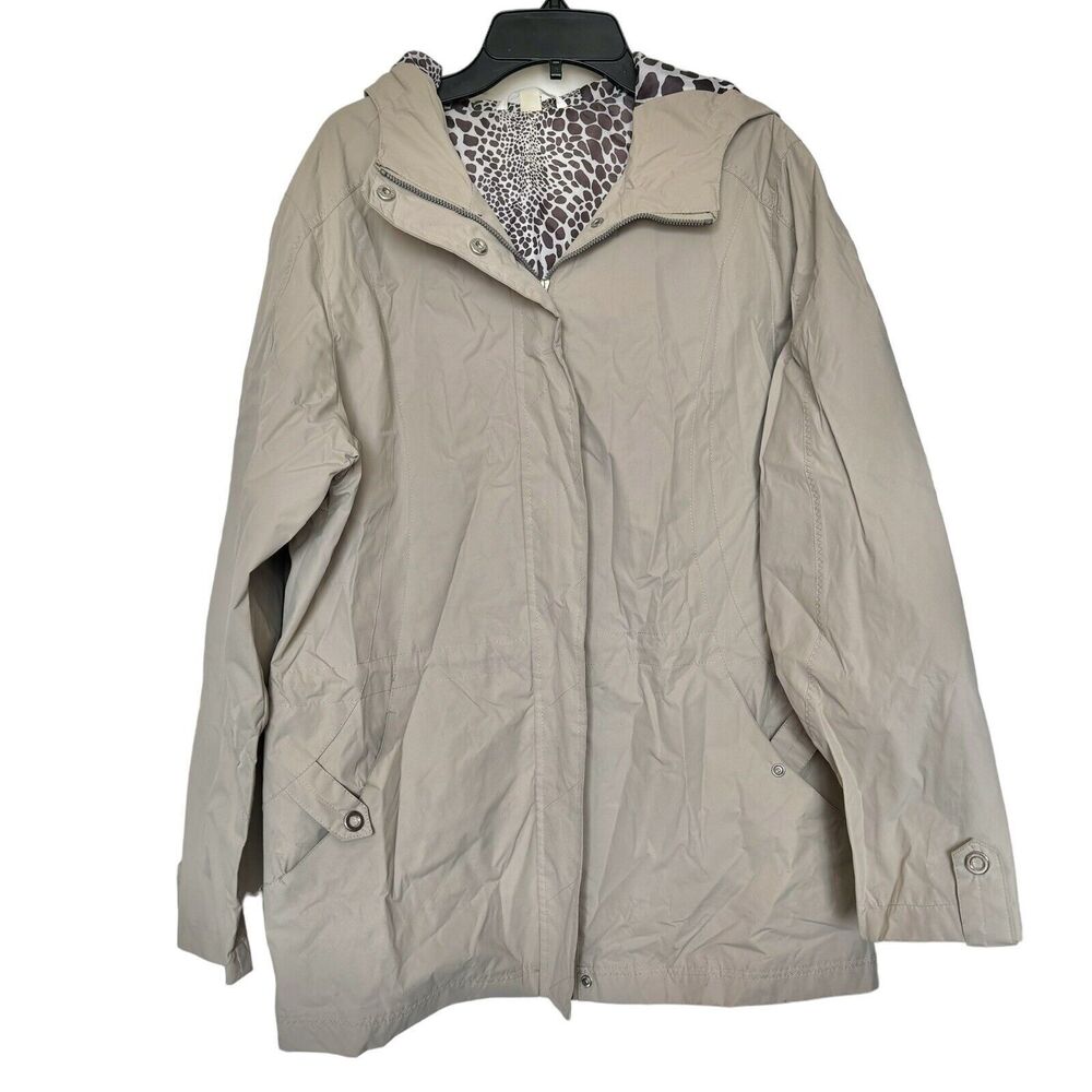 Free Country Women's Jacket Sz Medium Rain Hooded Beige Canvas  Pockets Leopard
